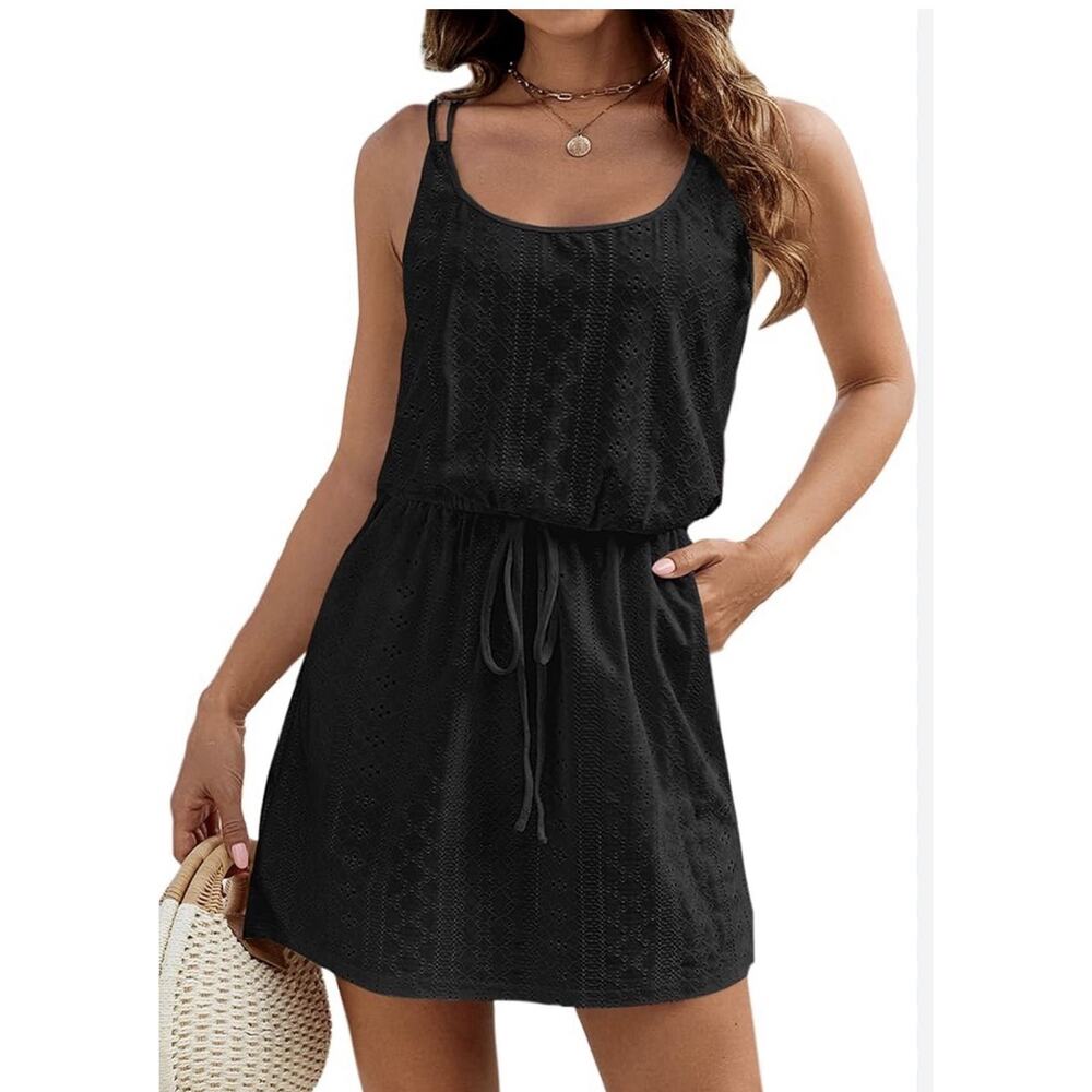 Beta Brand Hollow Out Swimsuit Coverup NEW Size Large Black Snap Drawstring